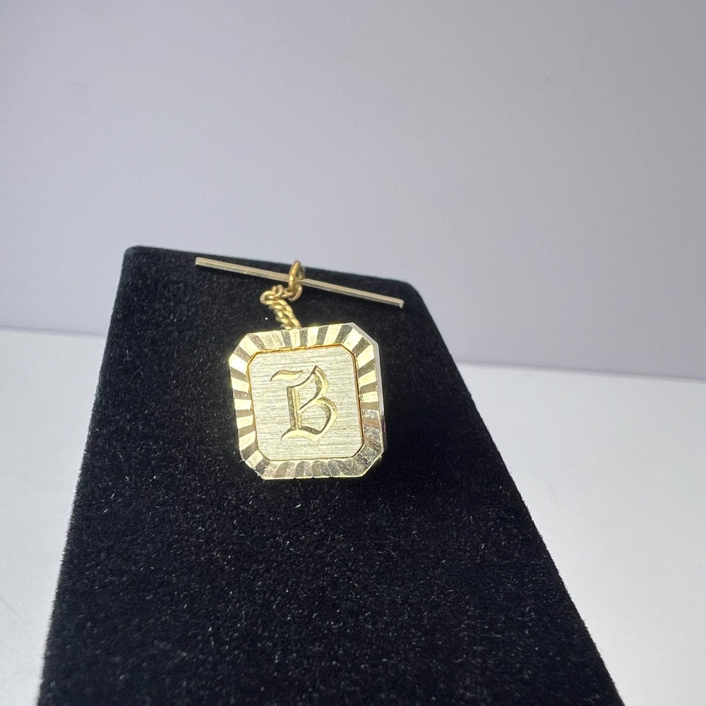Swank Initial B Tie Tack Gold Tone Vintage Chain T-Bar Midcentury Dapper Retro